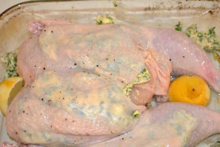 Filled Spatchcock garlic butter chicken placed in a glass oven roasting tray.