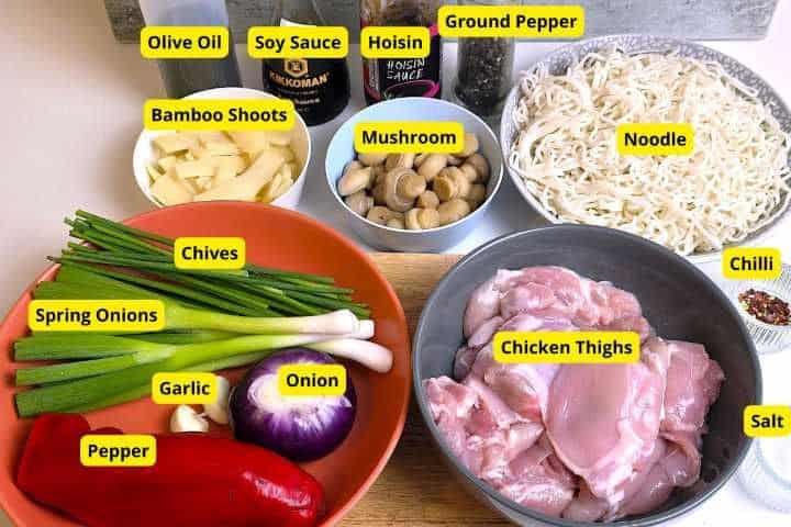 Fresh ingredients for hoisin chicken noodles including chicken thighs, egg noodles, vegetables, garlic, and hoisin sauce.