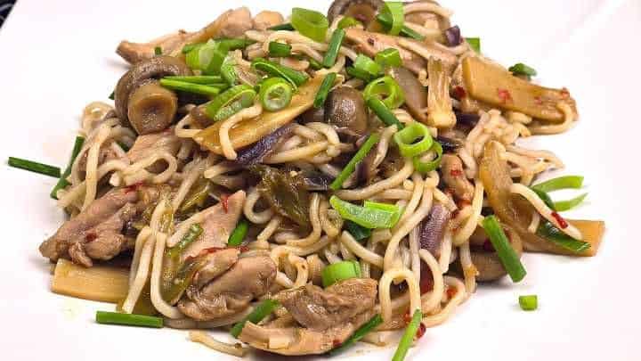 Close-up view of tender hoisin chicken noodles with vegetables served in a deep dish.