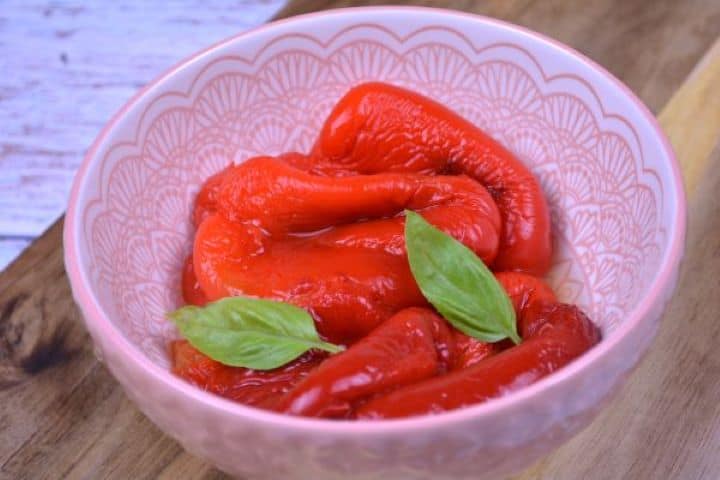 Marinated Roasted Red Peppers-Served in the Bowl Marinated roasted red peppers served in the bowl.