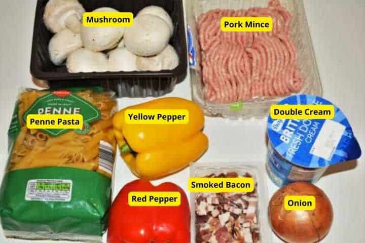 Ingredients for creamy pork mince pasta: ground pork, penne, sliced mushrooms, bell peppers, bacon, and double cream.
