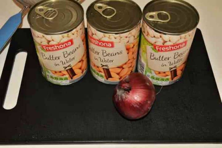 Butter Beans Salad Recipe-Ingredients Ingredients for quick butter bean salad including canned butter beans and fresh red onion
