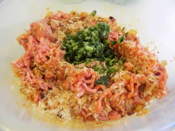 Minced meat mixed with white rice, seasoned fried onions, and fresh chopped dill in a bowl.