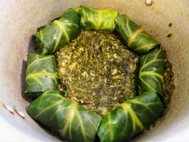 Arranging uncooked stuffed greens seam-side down over the bed of sorrel in the pot.