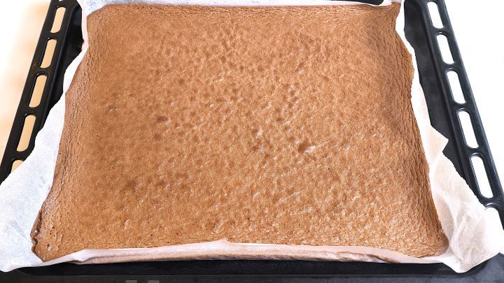 Freshly baked chocolate sponge cake cooling in a baking tray.