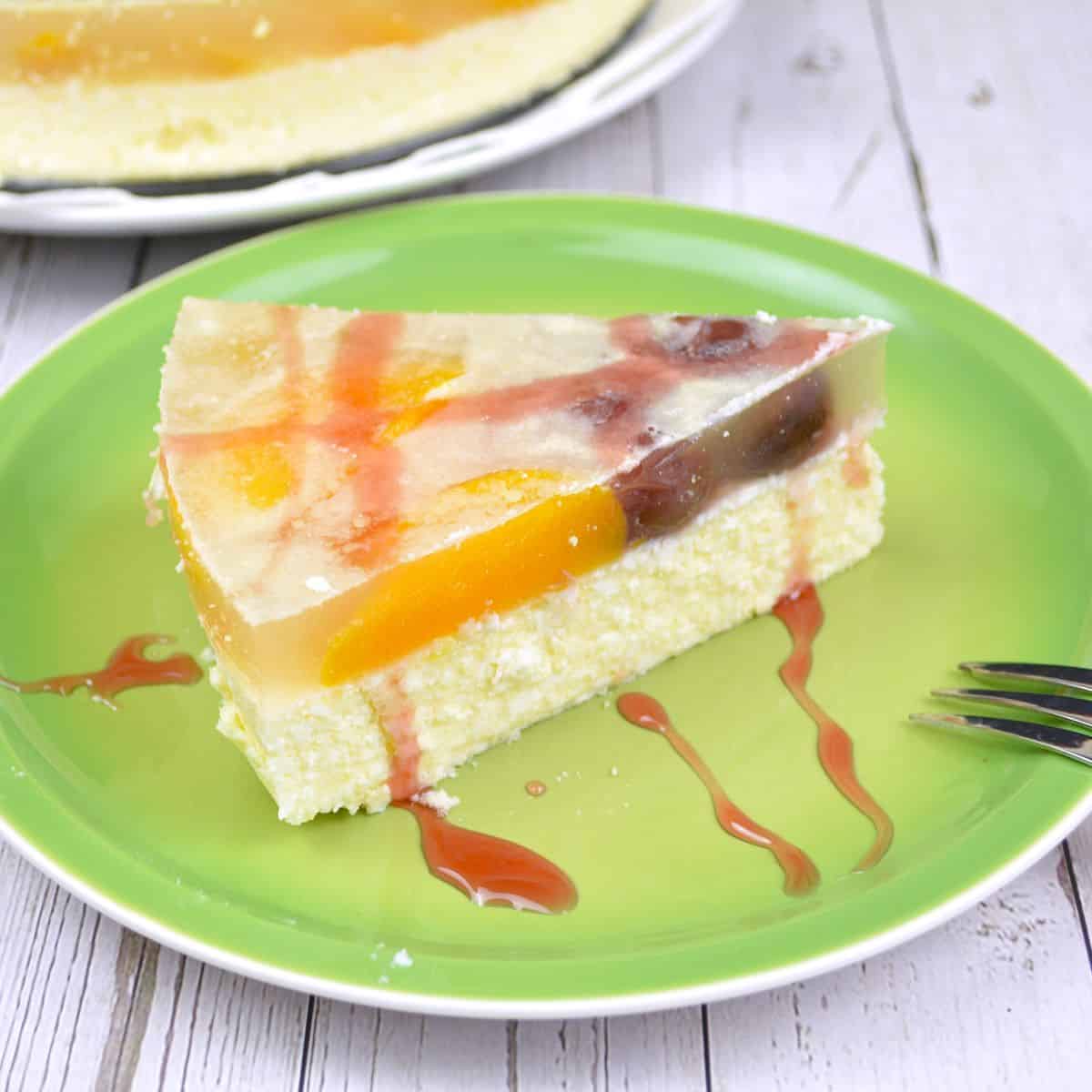 No Bake Crustless Cheesecake Slice Served on Green Plate With Strawberry Syrup