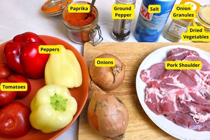 Hungarian Pork Pepper Stew Ingredients on the Table