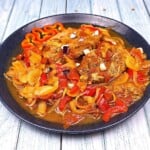 Hungarian Pork Pepper Stew Served on Blue Plate