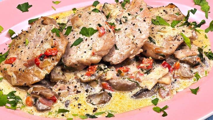 Pork Tenderloin in Creamy Mushroom Sauce Served With Parsley on Top