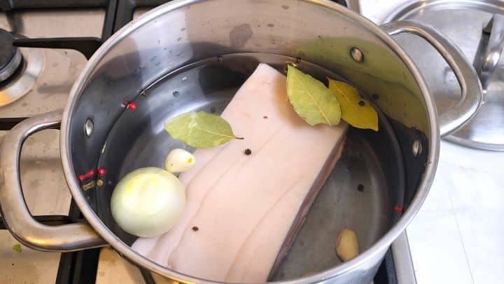 Pork Belly, Onion, Garlic Cloves, Bay Leaves and Peppercorns in the Pot With Water