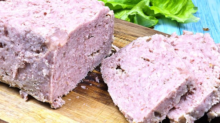Three Homemade Pork Spam Slices on the Chopping Board