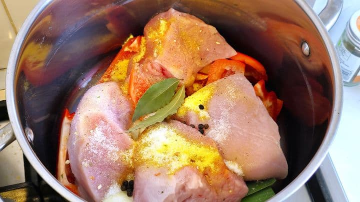 Seasoned Turkey Breast and Cut Vegetable in the Pot