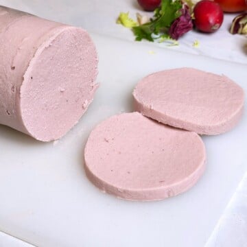 Homemade Turkey Bologna Slices on the Chopping Board