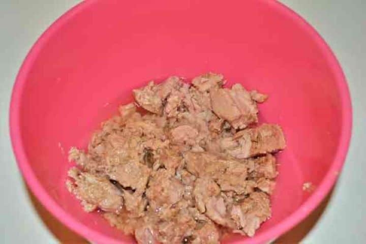 Tuna Chunks Adding canned tuna chunks with sunflower oil into an red mixing bowl for salad dressing base.