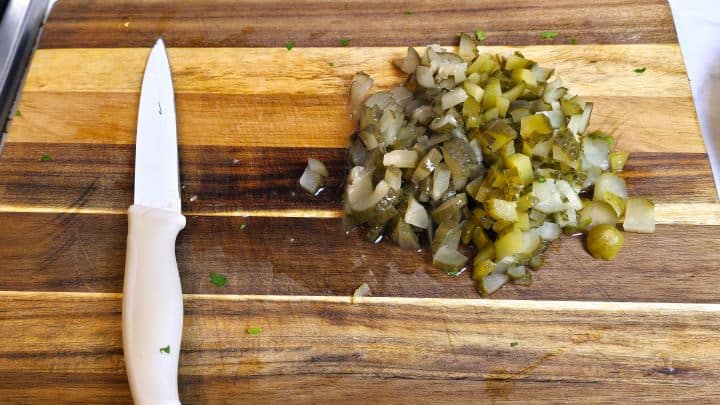 Chopped Pickled Cucumbers on the Chopping Board