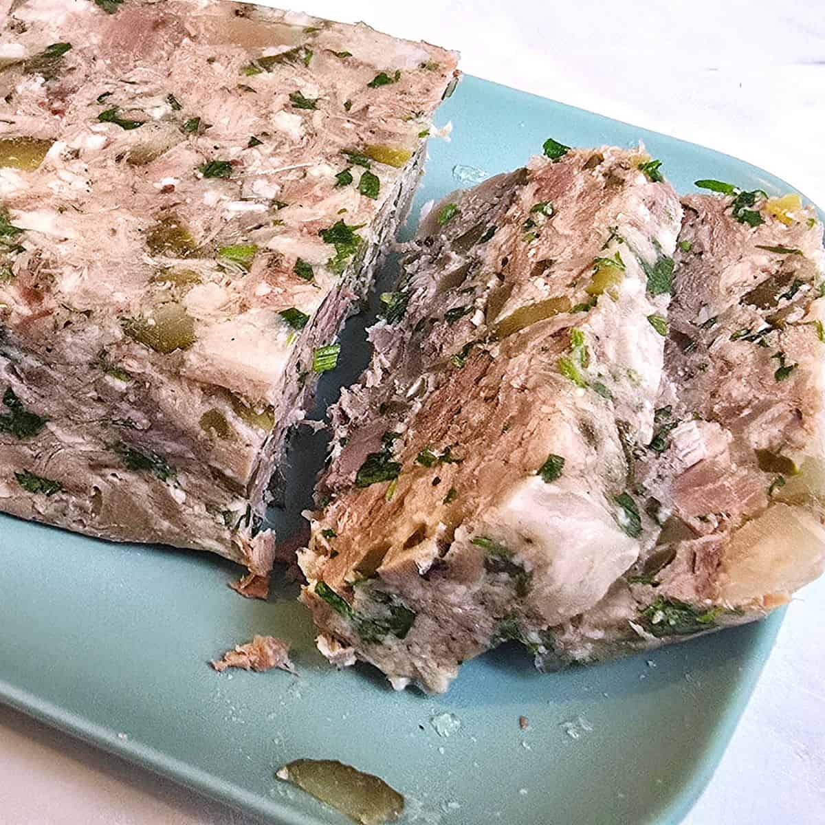 Homemade Head Cheese Sliced and Served on a Plate