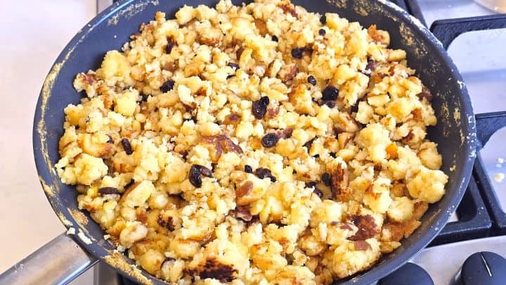 Hungarian Csaszarmorzsa (Shredded Pancake) Ready to Serve in the Pan