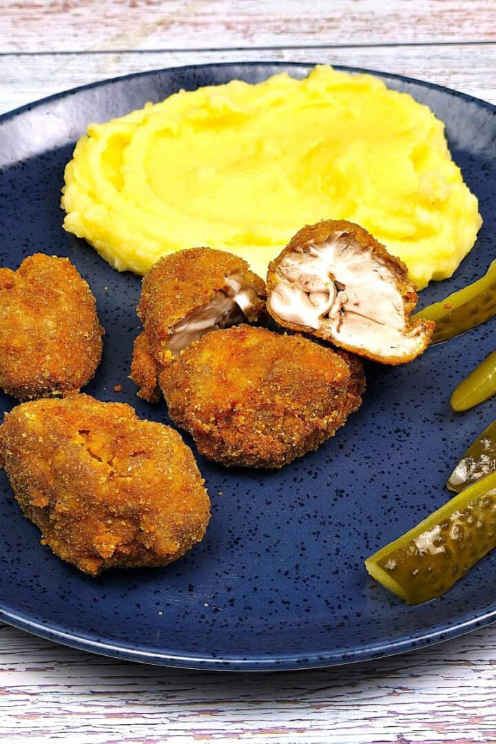 Transylvanian Crispy Breaded Pork Brain Served on Blue Plate With Mashed Potatoes and Homemade Sun-Pickled Cucumbers