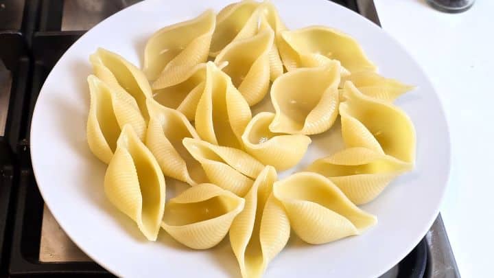 Boiled jumbo pasta shells drained and laid flat on plate in a single layer.